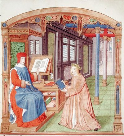 Ms 493 fol.19 Virgilio (70-19 a.C.) offre il suo libro a Mecenate, da Le Egloghe di Virgilio con commento di Servio, 1469 da French School